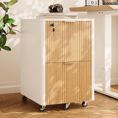 Image of 2 Drawers Fluted Mobile File Cabinet with Lock, Rolling File Cabinet Printer Stand Table, Under Desk Wooden Filing Cabinets for Home Office Essentials Storage Organization Furniture Letter /Legal /A4