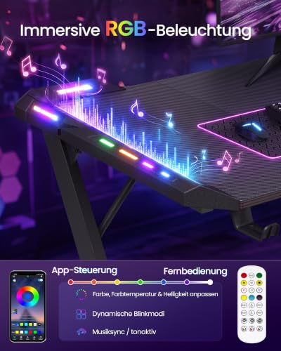 VASAGLE Gaming Tisch, Kohlefaser, RGB Beleuchtung, 100 x 60 x 76 cm – Ansicht 4