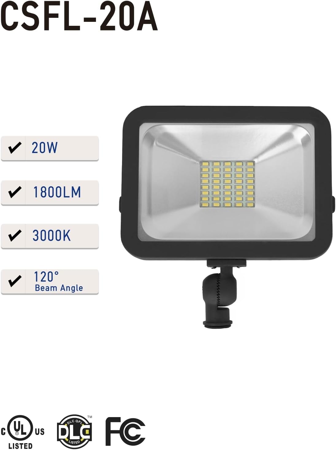 CEA LED Flood Light 20w,3000K,Warm White,lP 65 Waterproof, UL Listed,Knuckle Mounting,Outdoor Lights for House,Backyard Lights Outdoor, Patio (Black)