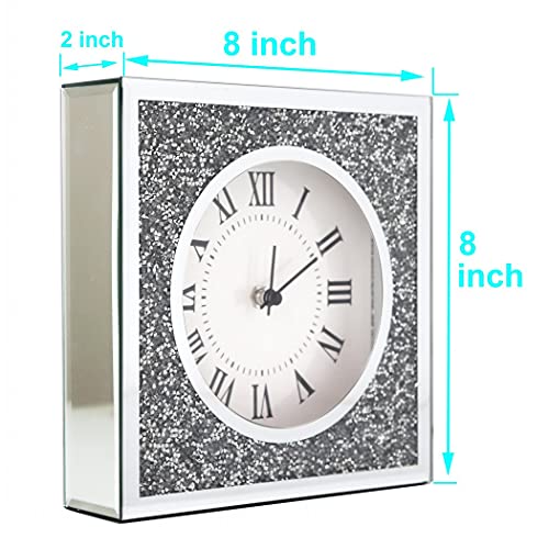 Desk Small Clocks 8X8X2 Inch Crystal Sparkle Twinkle Bling Square Crushed Diamond Mirrored Table Top Decorative Clock For Home Decoration Silver Mirror Home Decor. Aa Battery Is Not Included. #TOP5