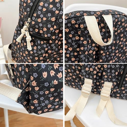 Cute Casual Floral Printed Backpack For Women 16.9 Inch Kawaii Japanese Aesthetic Simple Daypack Black4