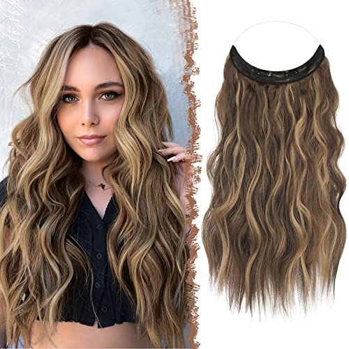 FESHFEN Invisible Wire Hair Extensions Adjustable Size Synthetic Hair Piece Long Wavy Secret Headband Hairpieces for Women, Honey Blonde Mixed Light Brown 20 inch by FESHFEN - Used condition - CA$13.51