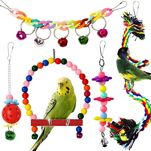 Bird Parakeet Toys, PietyPet 5 pcs Bird Toys Parakeet Cage Accessories, Swing Hanging Standing Chewing Toy for parakeets, Cockatiel, Parrot