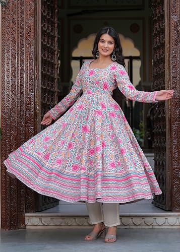 Image of Cotton Anarkali Shiffly Work with Floral Printed Anarkali Kurta Pant with Dupatta