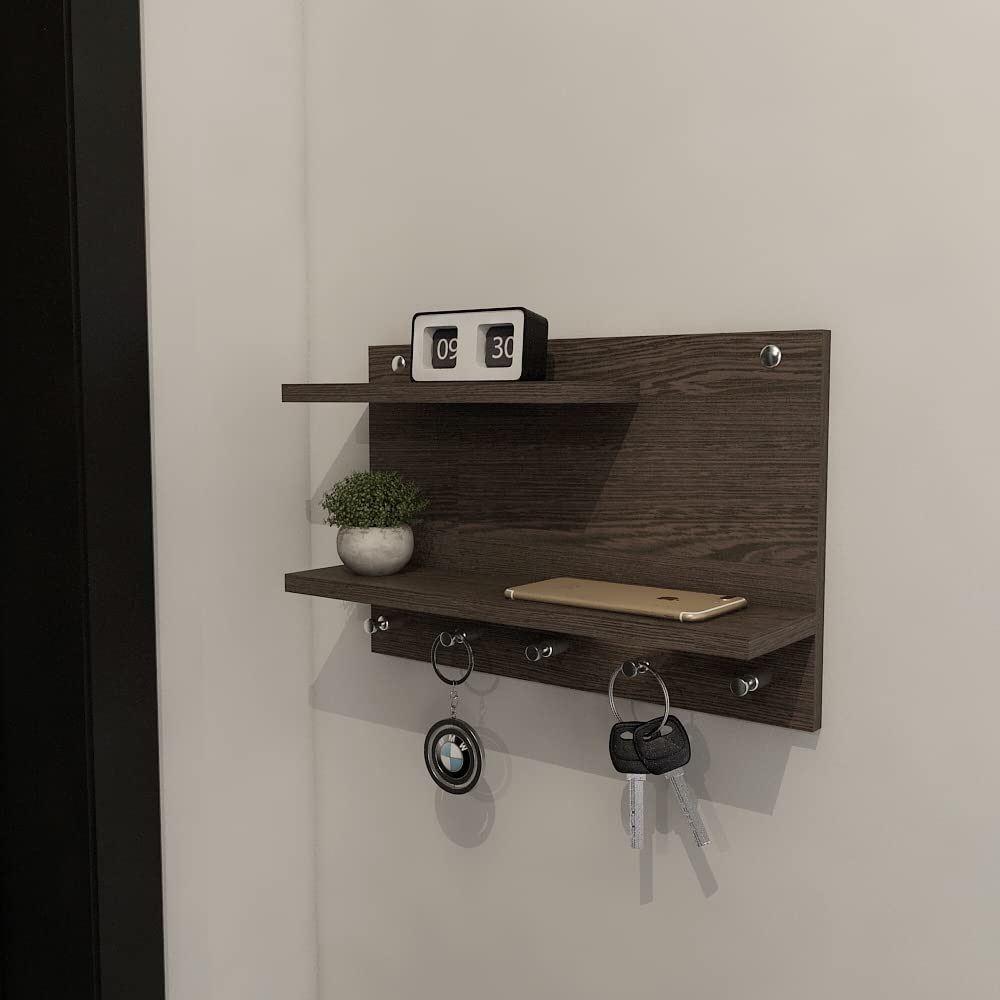 Redwud Maceo Stylish Multipurpose Wooden Key Holder with Shelf | Hooks for Wall | Home Decor Itmes | Matte Finish Key Holder for Home, Office, Living Room (Wenge)