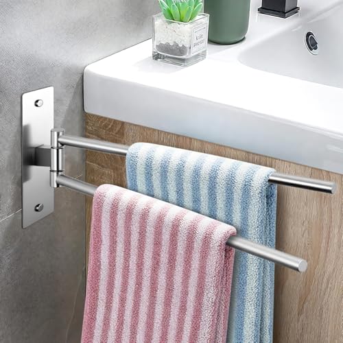 Toallero Giratorio 180°,Toalleros de Baño Sin Taladro,Ahorro de Espacio, 304 Acero Inoxidable Toallero de Baño Adhesivo, Soporte de Toalla de Pared Doble Giratorio