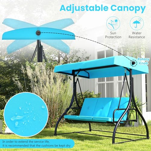 Image of HAPPYGRILL 3-Seat Outdoor Porch Swing, 2-in-1 Swing Glider with Adjustable Canopy, Removable Cushions, Foot Pad, Curved handrails, Outdoor Swing for Patio Yard Garden Balcony Backyard (Turquoise)