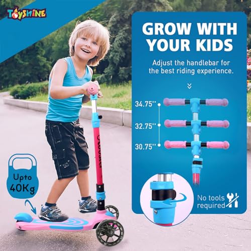 Image of Toyshine 3 Wheel Rooster LED Wheels Runner Scooter with Anti Slip ABS Base Aluminium Structure Height Adjustable Handlebar Max Load 45kg for Kids Boys Girls - Pink