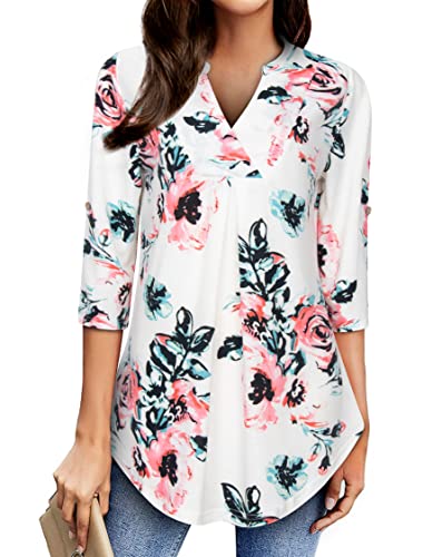 Image of Womens Notch V Neck 3 /4 Sleeve Dressy Tunic Shirts Work Blouse