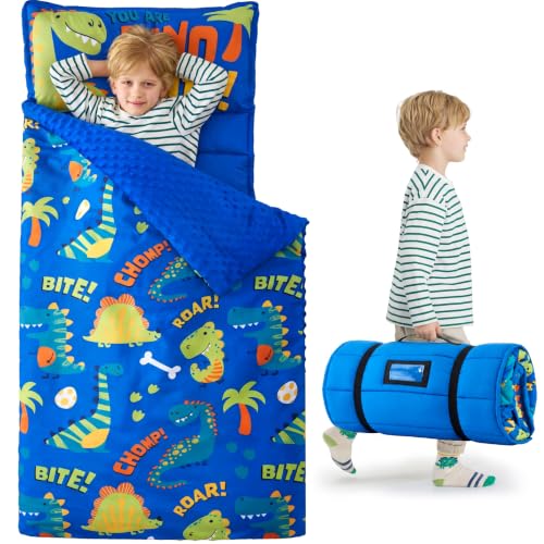 Image of JOIEDOMI Toddler Nap Mat with Removable Pillow and Minky Blanket 55''x30'' Kids Sleeping Bag for Boys and Girls Ages 3-6 Roll Up Soft Nap Mats for Preschool Kindergarten Daycare Sleepover