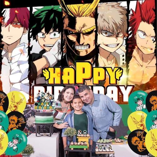 Image of OUDINI Academia of My Hero Birthday Party Backdrop, Decoration, Banner, Photo Backgrounds Props - 5ft x 3ft, Yellow, Cotton, Polyester, Includes 18 Pcs Balloons & Cupcake Toppers