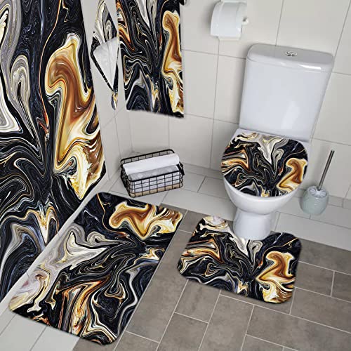 6 Pcs Shower Curtain Set 6 Pcs Bathroom Set Marbling Shower Curtain Set Waterproof Shower Curtain 6 Pcs Set With Carpet, Hair Towel, Large Towel Waterproof Bathroom Accessories (Marbling C , 72×72 In) #TOP3