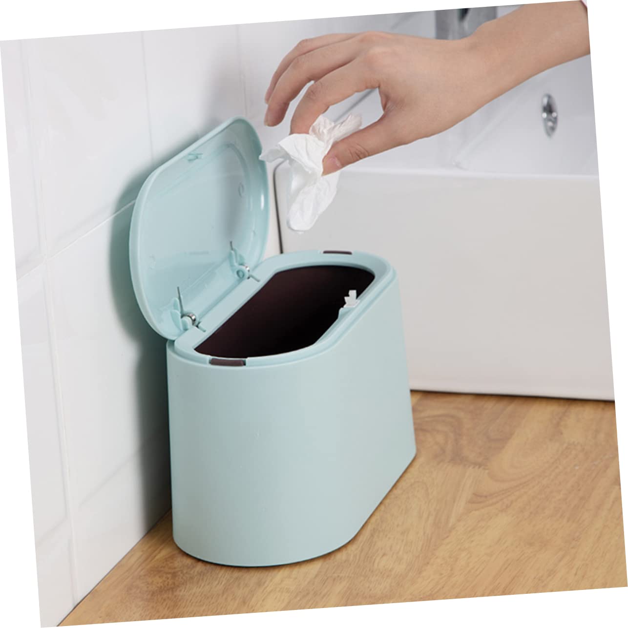 Cabilock Mini Cestino Da Tavolo In Plastica Con Coperchio - Bianco, Design Compatto Per Scrivania E Ufficio - 3