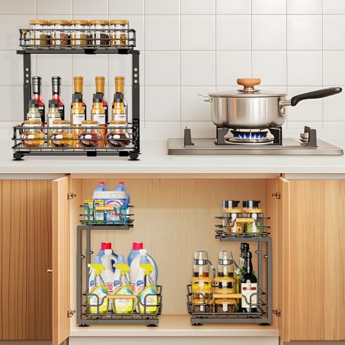 JYPS Kitchen Organiser, 2 Tier Metal Under Sink Storage Slide Out Shelf, Height Adjustable Sink Kitchen Storage - Image 3