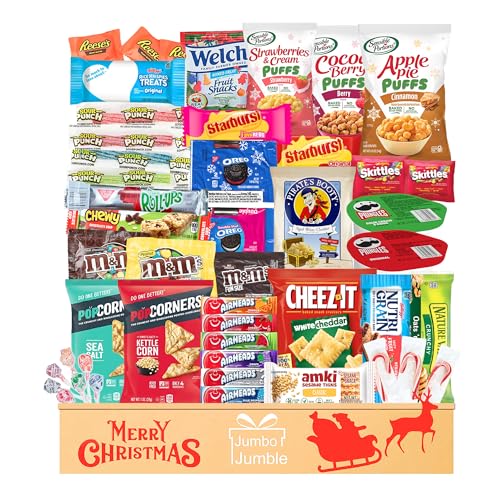 Jumbo Jumble Christmas Snack Box Candy, Snacks, Cookies, Bars, Chips – A Holiday Care Package Variety Gift Box with Assortment for College Students, Military Office, Kids,