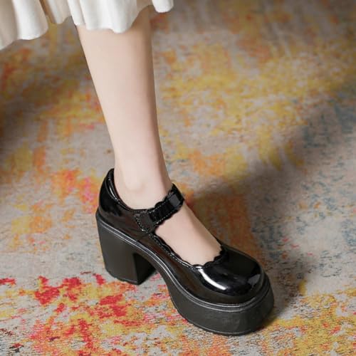 Image of Women's Platform Mary Janes Heart Cat Buckle Rivets Ankle Lolita Gothic Princess Platform Pumps Patent Leather Thorn Vintage Traditional Embroidery Upper Dress Shoes