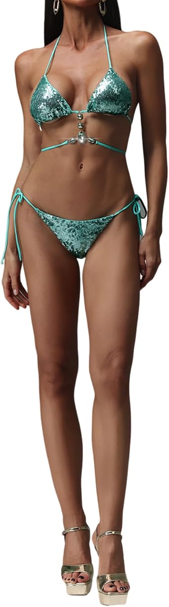 BELLA BARNETT Green Sequin Diamond Halter Triangle Bikini Sets for Women Lacing Two Piece Swimsuit for Women