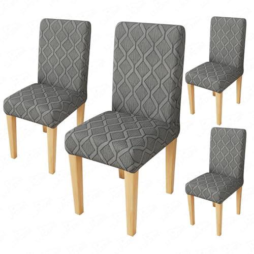 Image of Lukzer Elastic Dining Chair Cover - 4PC Pastel Dark Grey Diamond | Textured High Stretch Jacquard Seat Cover | Removable Washable Short Dining Chair Cover Protector Seat Slipcover | (CC-157-04)