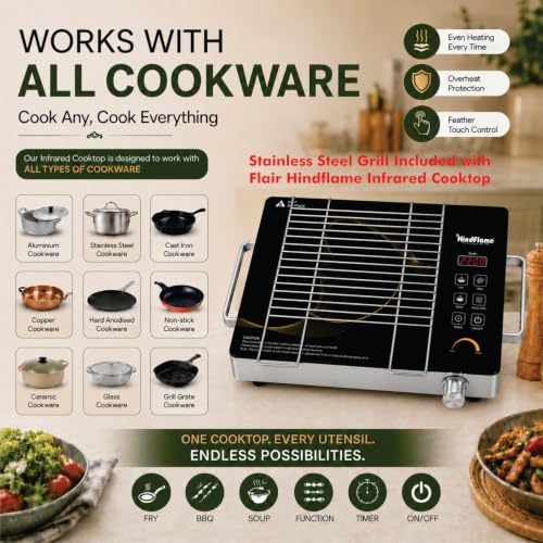 Image of Flair 2200W Infrared Cooktop, ISI Certified with Steel Grill Rack, Crystal Glass Top, Touch Panel & Digital Display, 4 Preset Modes - Stir Fry, BBQ, Hot Pot & Steam, Black