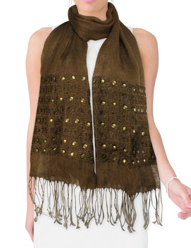 Linen Fashion Hand Embroidered Flowers & Rivets Long Scarf Shawl3