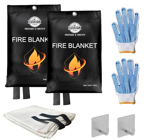 Image of SAFECASTLE Emergency Fire Blanket 59 inchx59 inch Large Size, 2 Pack + 2 Hooks & 2 Gloves Fire Retardant Blanket with Fireproof Tabs for Home, Outdoor, Office, Car and Camping Fire Protection Survival Safety