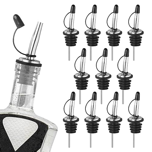 Ohtomber 12PCS Liquor Pour Spout – Stainless Steel Speed Tapered Olive Oil Alcohol Dispenser Pour Spouts for Liquor Bottles with Dust Caps, Bar Accessories Bar Tools