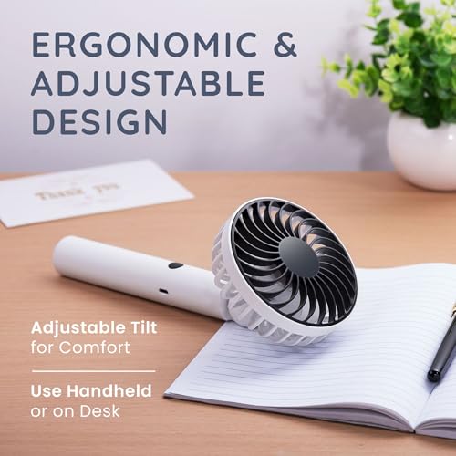 CUQOO Hand Held USB Fan – Rechargeable Mini Desk Fan – Portable Handheld Battery Operated with 3 Speeds, Silent Cooling, 180° Rotation & Removable Stand for Home Travel Outdoor (Black/White)