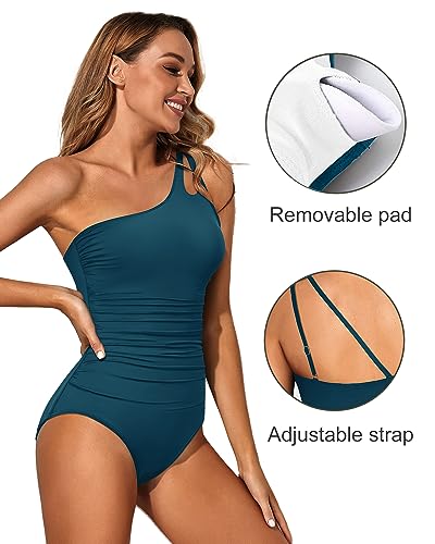 Image of Holipick One Shoulder One Piece Swimsuit for Women Tummy Control Bathing Suits Modest Full Coverage Keyhole Swimwear