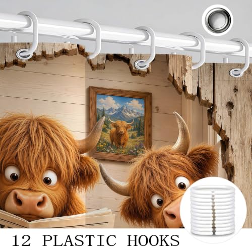 Image of Funny Shower Curtain Highland Cow Shower Curtain with 12Hooks, 60 x 72 Inch