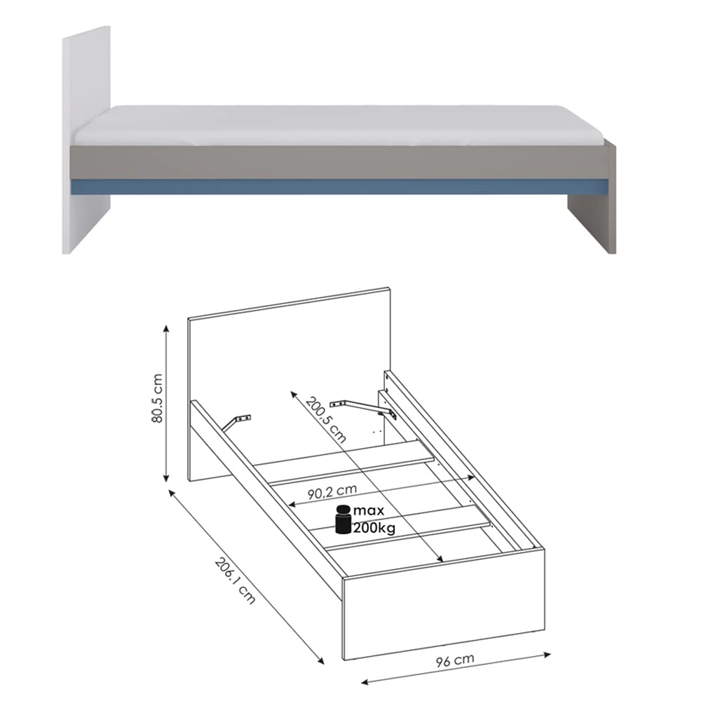 Lomadox Jugendzimmer Set mit Bett, Bettkasten, Kleiderschrank, Schreibtisch, Sideboard in grau mit schwarz, weiß, blau