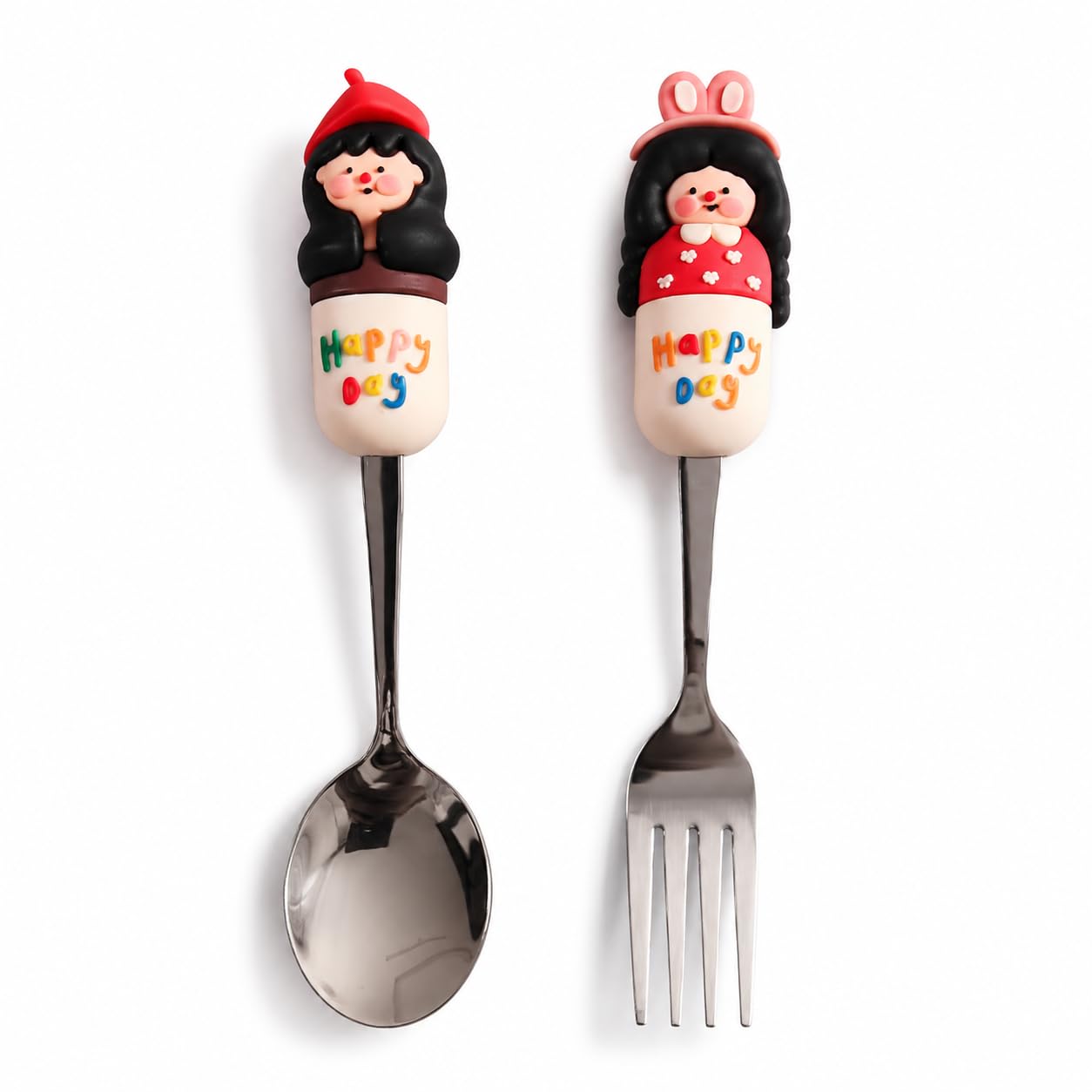 MaruHub Cute Kids Spoon Fork Set, 304 Stainless Steel Toddler Utensils with Silicone Cartoon Handle, BPA Free Baby Feeding Spoon and Fork for Boys Girls (Model 6)-image-5