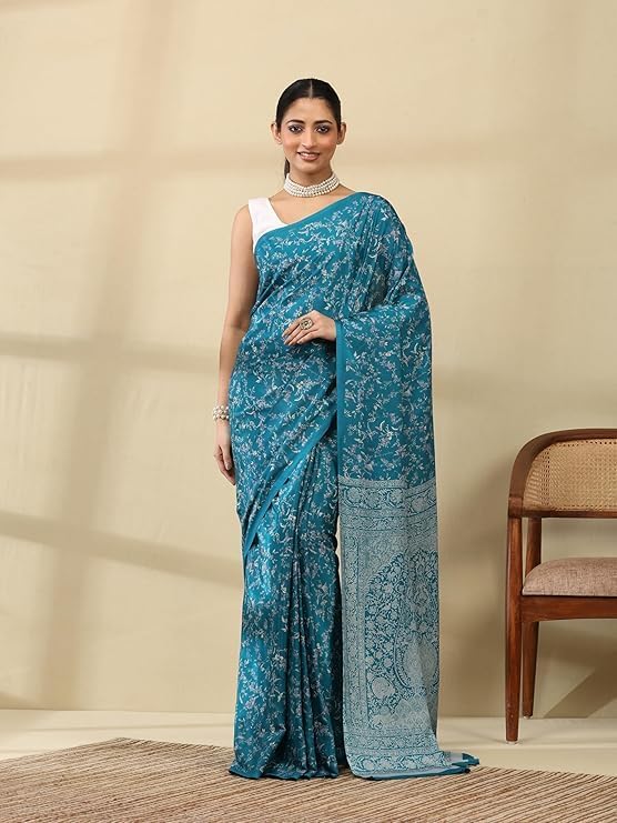 Floral Print Crepe Saree with Unstitched Blouse Piece, Teal, 5.5 Meter Saree and 0.8 Meter Blouse