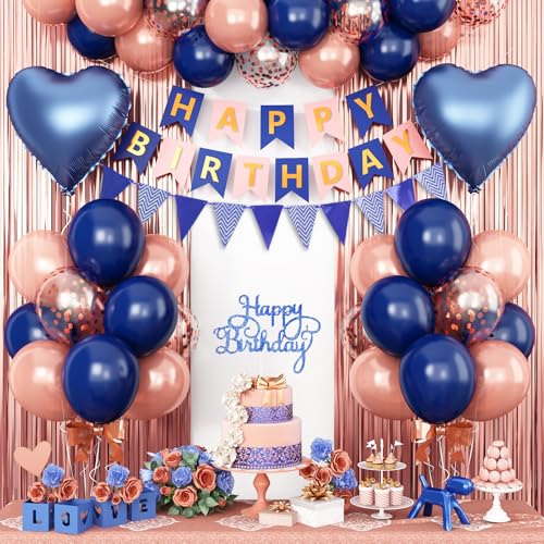 Image of Navy Blue Rose Gold Birthday Decorations,Birthday Balloons Set