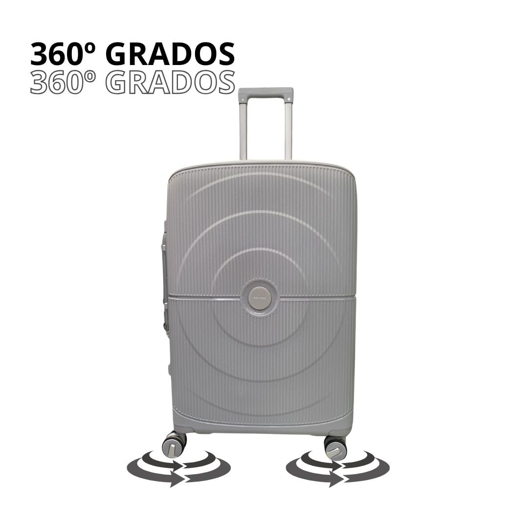 Max Star Juego de Maletas de Viaje 3 Piezas, MS636, Ruedas 360º, Polipropileno, Impermeable, Resistente, Ligera, Gran Capacidad, Maleta Cabina, Mediana, Grande, Gris