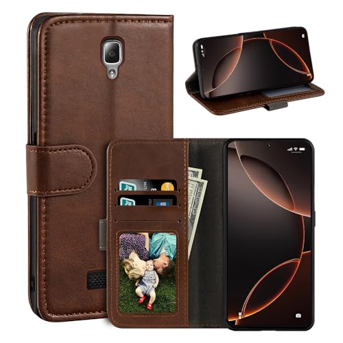 UOGNADGD Leder-Flip-Hülle Kompatibel mit Lenovo A2010 Geldbörsen-Hülle mit Kartenfächern, Magnetverschluss, Kickstand, RFID Stoßfest (Dunkelbraun)