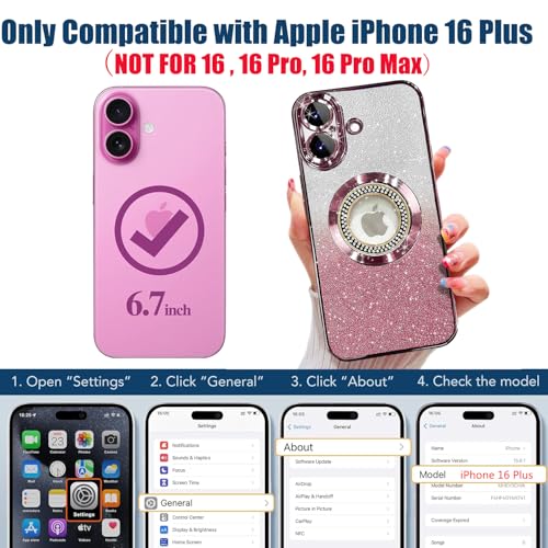 Image of Misscase for iPhone 16 Plus Magnetic Glitter Case Compatible with MagSafe,Full Protection Slim Shockproof Anti-Scratch Case with Camera Lens Protector Logo View Dust-Proof Net for Women Pink
