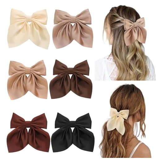 6Pcs Hair Bows for Women, Bow Hair Clips, Silky Satin Hair Bows for Girls, Neutral Colors Hair Ribbon, Cute Bow Clips for Women, Hair Accessories Christmas Gifts