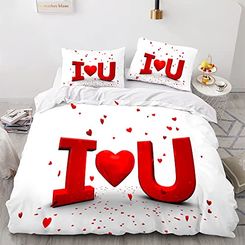 Agkingsky Parure de lit 220x240 Romantique Aimer Housse de Couette 240 x 260 Coton Motif imprimé Coeur d'amour Rouge Taie d'oreiller 50x75cm (3,200x200cm+50x75cmx2) Cover