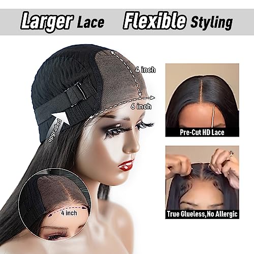 Image of Wear and Go Glueless Bob Wig Human Hair Straight, 6x4 Pre-Cut HD Lace Glueless Wigs Pre-Plucked, Transparent Lace Front Closure Wigs for Women 180% Density 10 inch