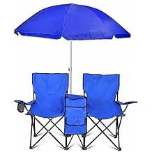 Flexzion Double Folding Beach Chair with Umbrella Table Cooler and Bag, Portable Compact Folding Chair, 2 Person Camping Chair with Canopy for Adults and Kids, Outdoor Fold Up Chair, Blue