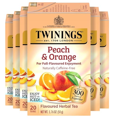 Twinings Peach &amp; Orange Herbal Tea Individually Wrapped Bags, 20 Count (Pack of 6), Juicy &amp; Fruity, Naturally Caffeine-Free, Enjoy Hot or Iced, 120 Teabags