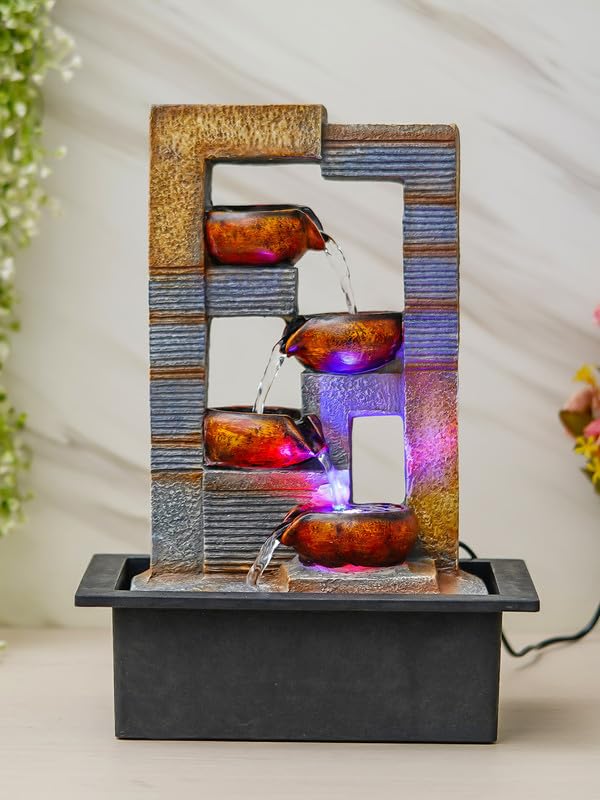 Image of Multicolor Polyresin Tabletop Designer 4 Step Indoor Water Fountain for Home Decor with LED, Speed Control Pump (Size: 29 x 22 x 40 CM | Weight: 1740Gram)