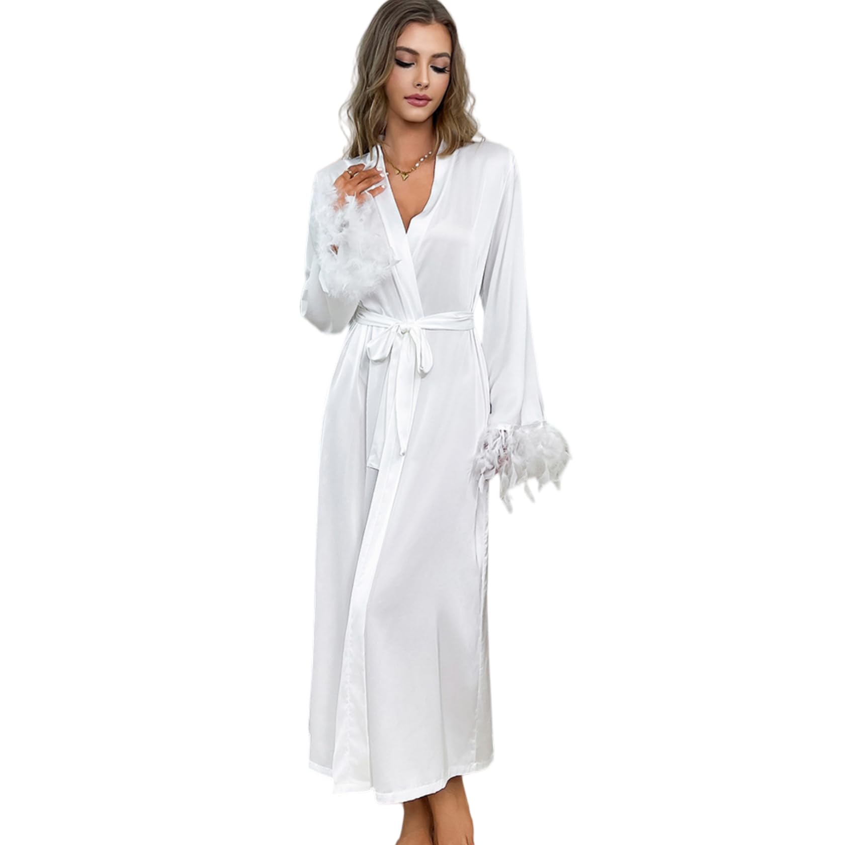 Chemise De Nuit Robe Robe Longue en Dentelle Dos Nu Style Plumes Satinées pour Femme