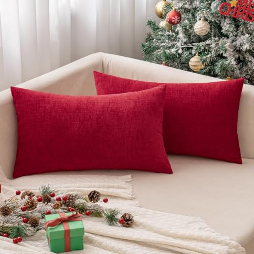 MIULEE Soft Chenille Lumbar Throw Pillow Covers Red 12x20 Inch Pack of 2