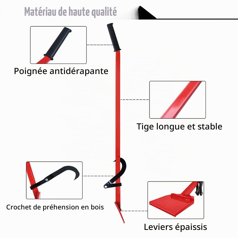 Lève-tronçonneuse 130 cm Professionnel Robuste avec Crochet de Retournement Coin de Coupe Accessoires Forestiers avec Poignée Ergonomique Antidérapante