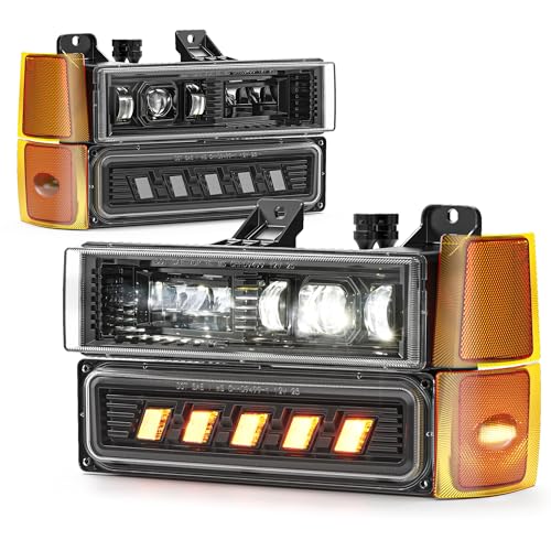 LED Headlights OEM Replacement Compatible with 1994-1999 Chevy Silverado C/K 1500 2500 3500 Tahoe Suburban C10 OBS Composite Headlights with Hi/Low Beam Turn Signal Bumper Corner Light Black Pair