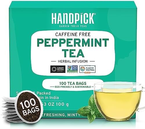 HANDPICK, Peppermint Tea Bags (100 Count) Non-GMO, Caffeine Free, 100% Pure Peppermint Herbal Tea Bags- Minty, Fresh & Cool flavor | Premium Round Eco-conscious Tea Bags