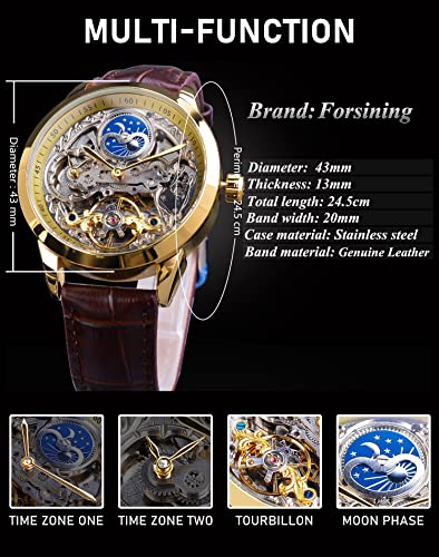 FORSINING Men's Skeleton Moon Phase Watch Mechanical Automatic Tourbillon Dual Time Zone Wrist Watch Automatic Luxury Leather Strap Large Dial Wrist Watch, gold, Classic