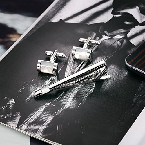 AmDxD Tie Clips Manchetknopen Set Zilver Wit Rechthoek Manchetknopen en Tie Clip Set RVS Tie Clip Bruiloft Set 1x1.6CM - Image 4