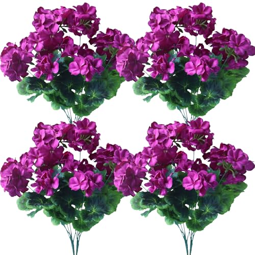 4 fiori artificiali per decorazioni per interni ed esterni, gerani finti in seta, resistenti ai raggi UV, finta vegetazione per vaso, fioriere da appendere, portico anteriore, matrimoni (fucsia scuro)